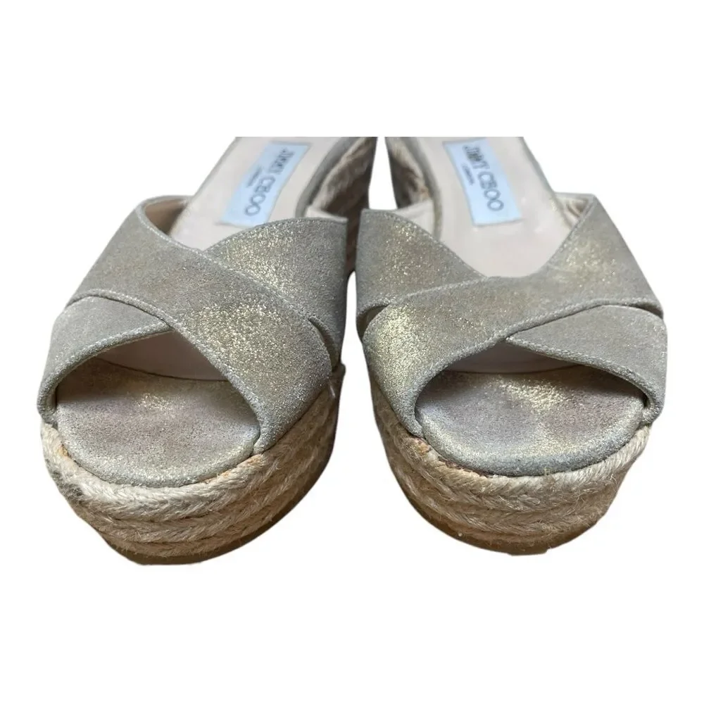 Jimmy Choo Gold Shimmer Espadrille Wedge Sandals Crisscross Women’s Size 39 8.5